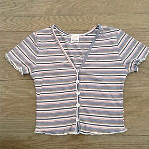 Summerland Striped Button Front V- Neck Crop Top Size Small